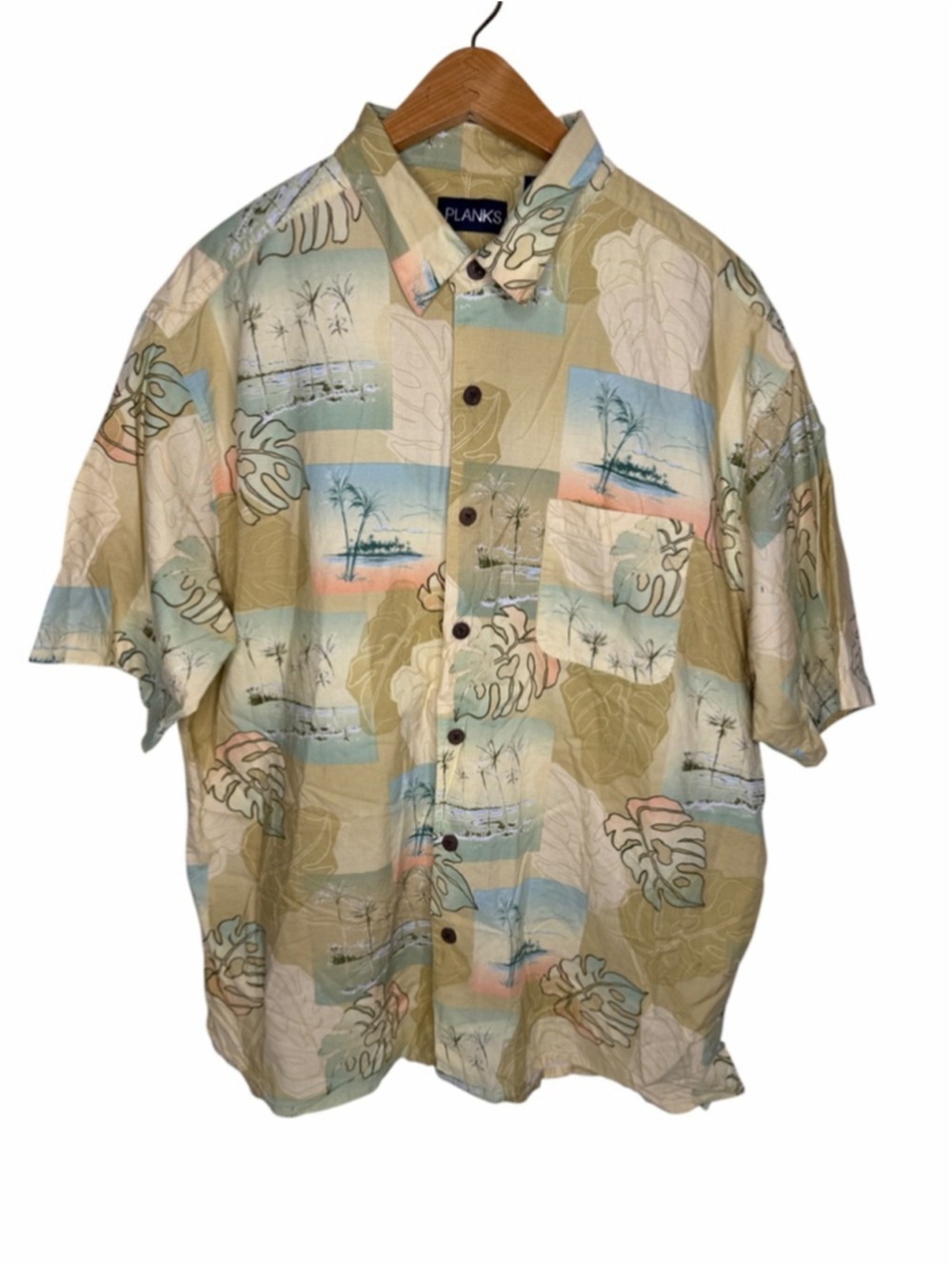 Planks Hawaiian Shirt Mens XL‎ Tropical Beach Palm Tree Button Front Aloha